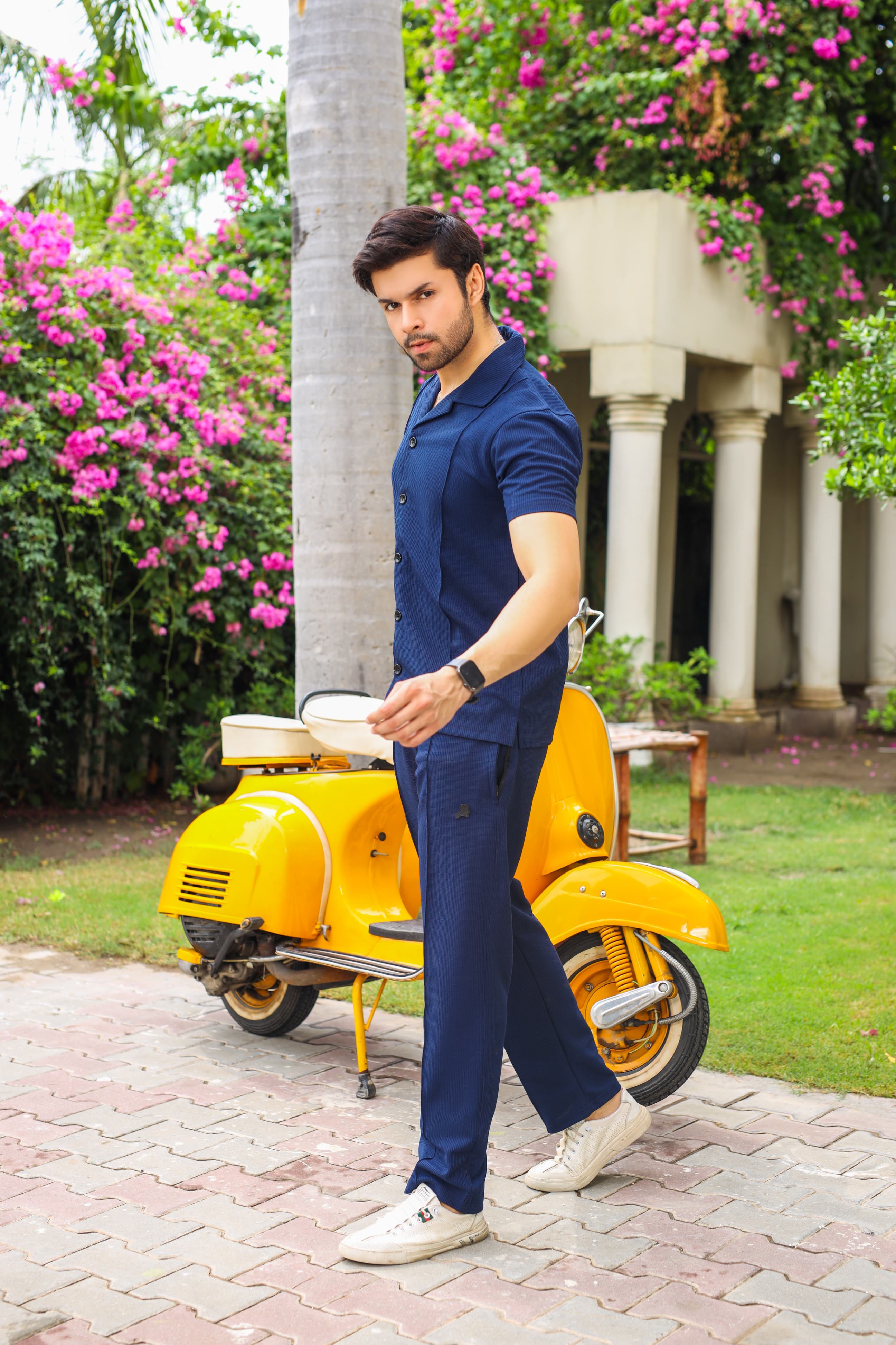 Waffle Navy Blue Half-Sleeve Safari Suit for Men B3