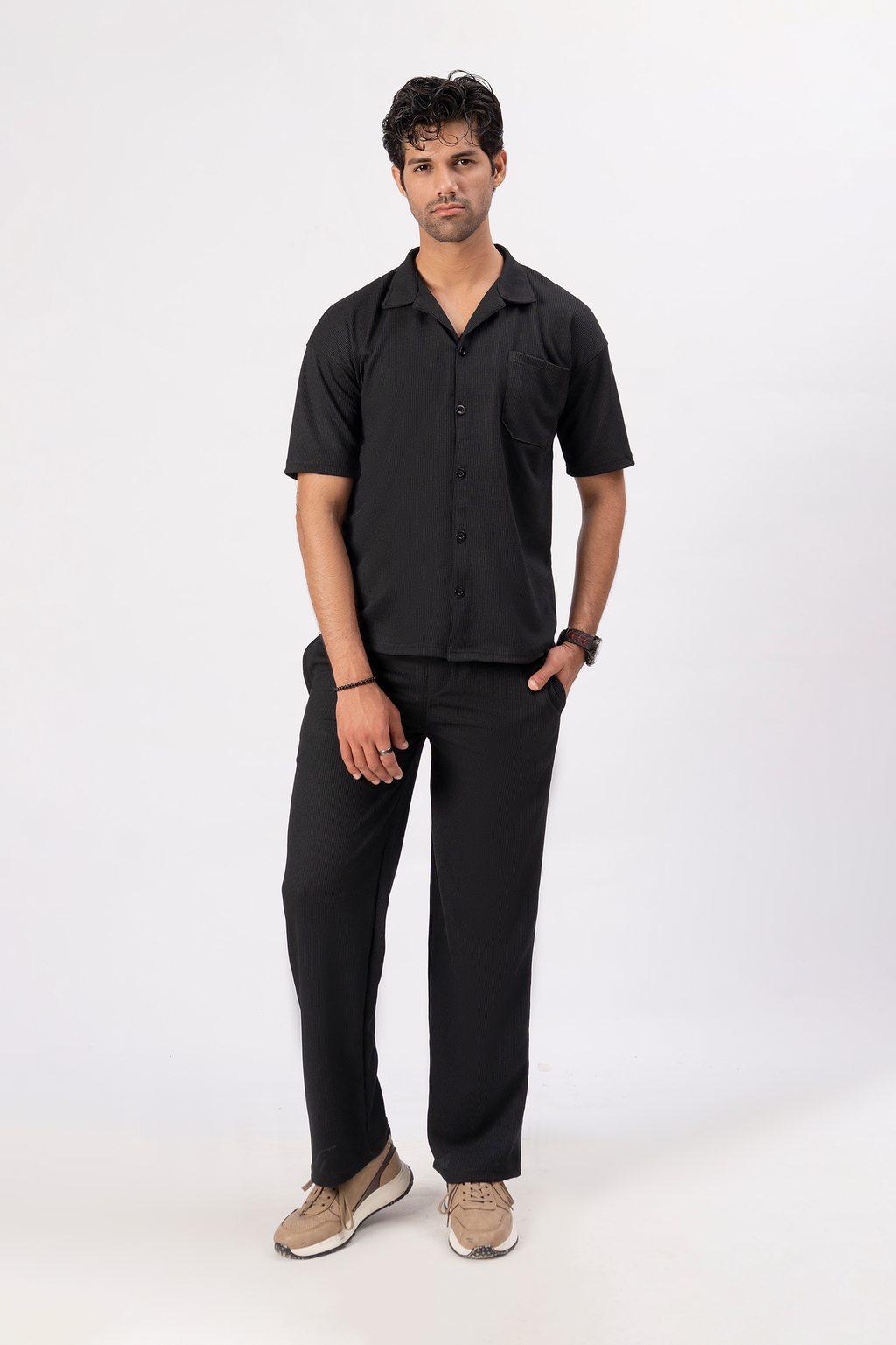 Waffle Black Half-Sleeve Safari Suit for Men – Stylish Summer Safari Suit in Pakistan B1