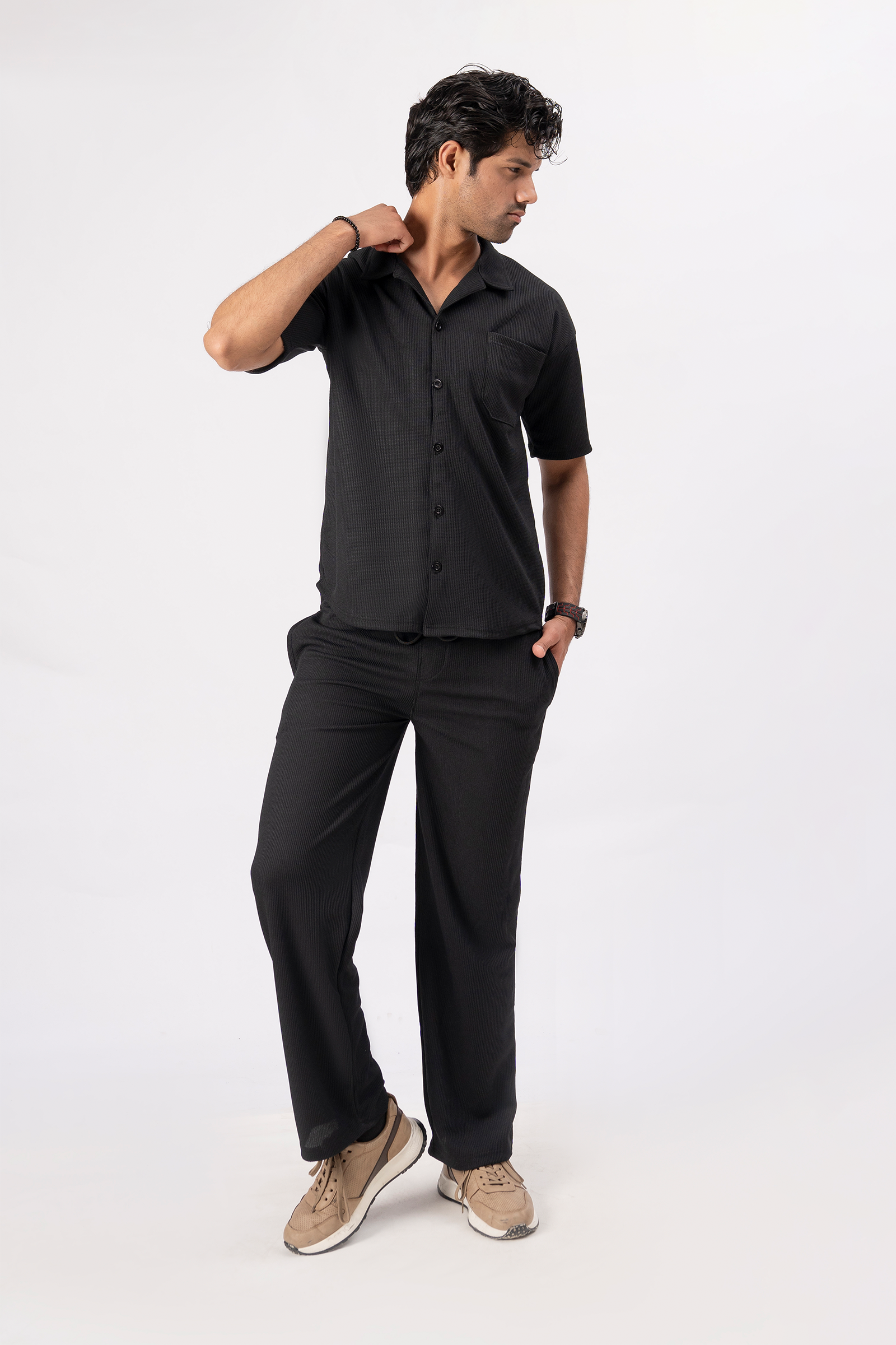 Waffle Black Half-Sleeve Safari Suit for Men – Stylish Summer Safari Suit in Pakistan B1