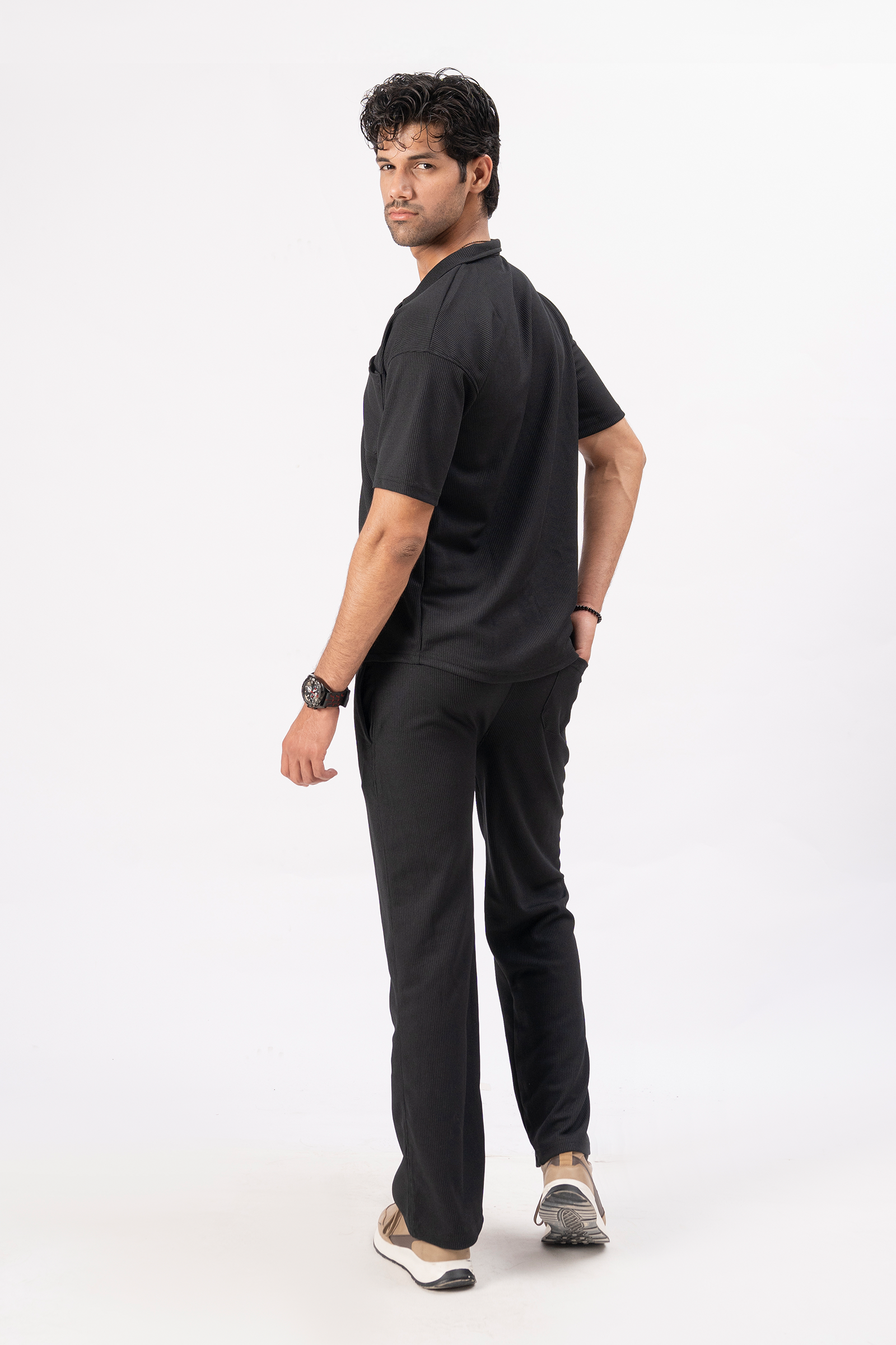Waffle Black Half-Sleeve Safari Suit for Men – Stylish Summer Safari Suit in Pakistan B1