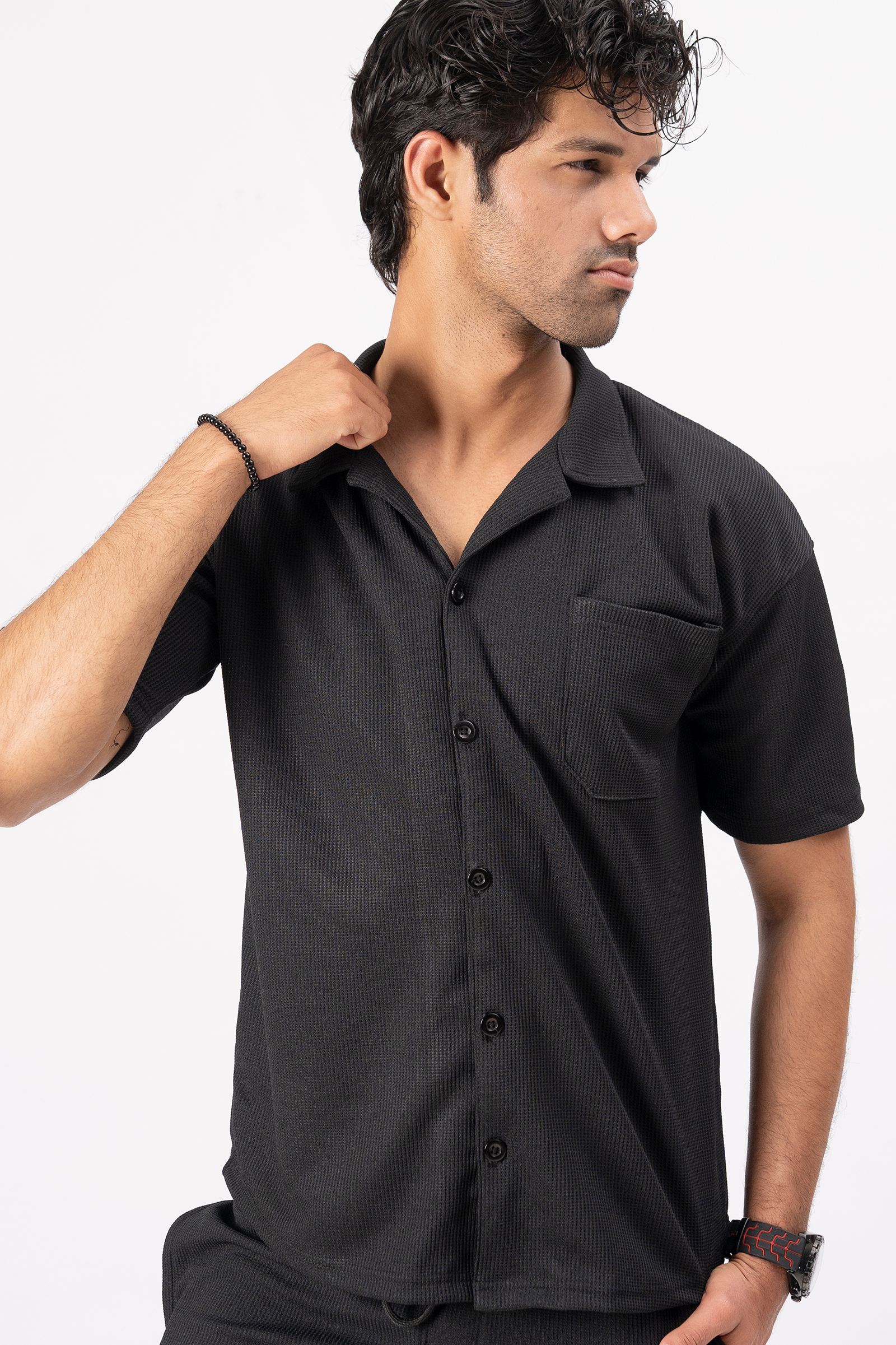 Waffle Black Half-Sleeve Safari Suit for Men – Stylish Summer Safari Suit in Pakistan B1