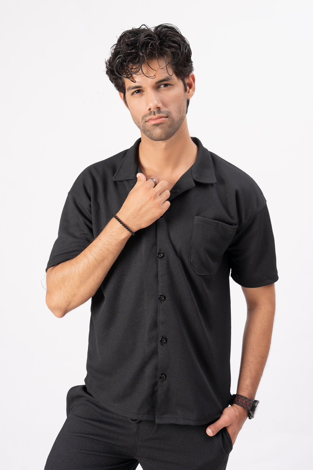 Waffle Black Half-Sleeve Safari Suit for Men – Stylish Summer Safari Suit in Pakistan B1