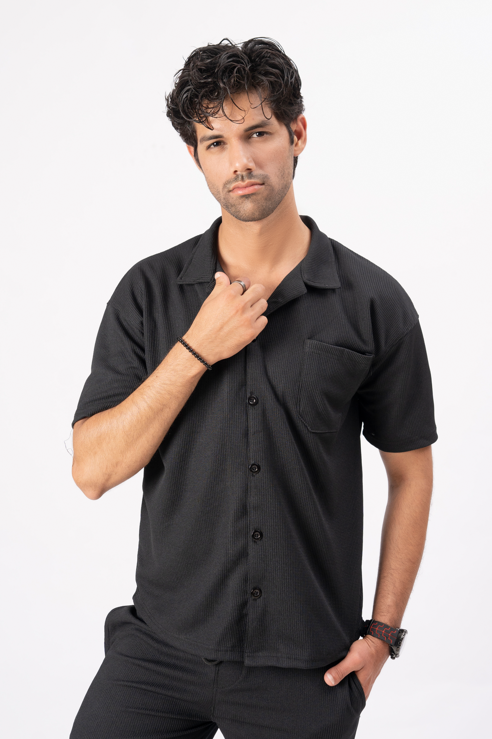 Waffle Black Half-Sleeve Safari Suit for Men – Stylish Summer Safari Suit in Pakistan B1
