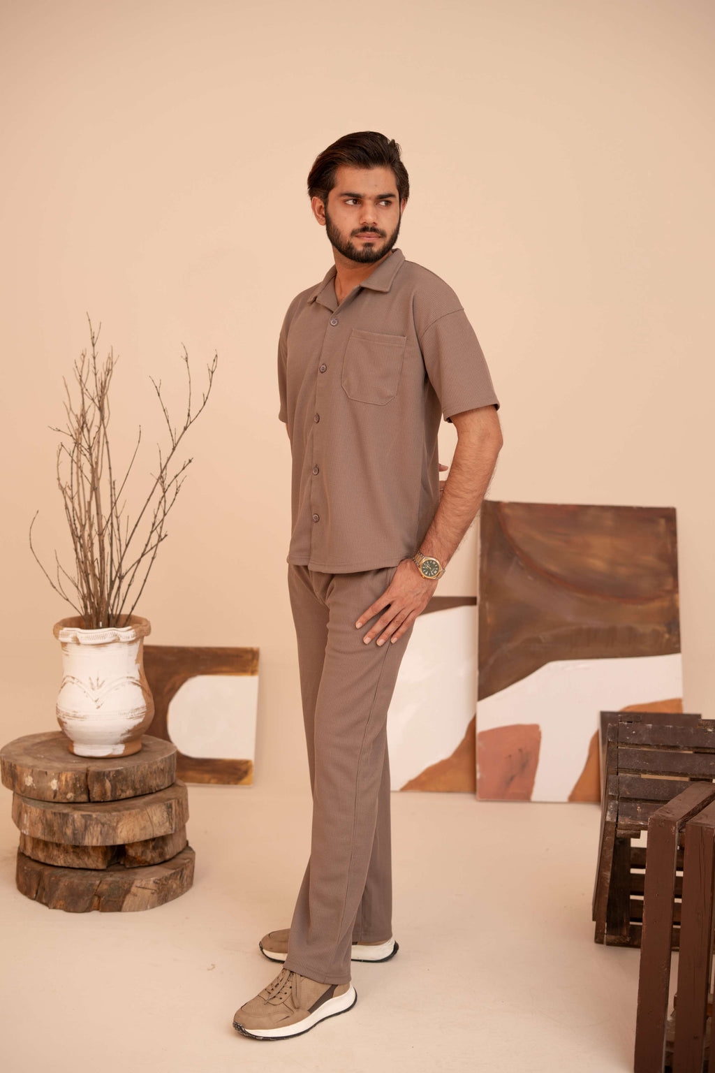 Waffle Chocolate Half-Sleeve Safari Suit for Men B8