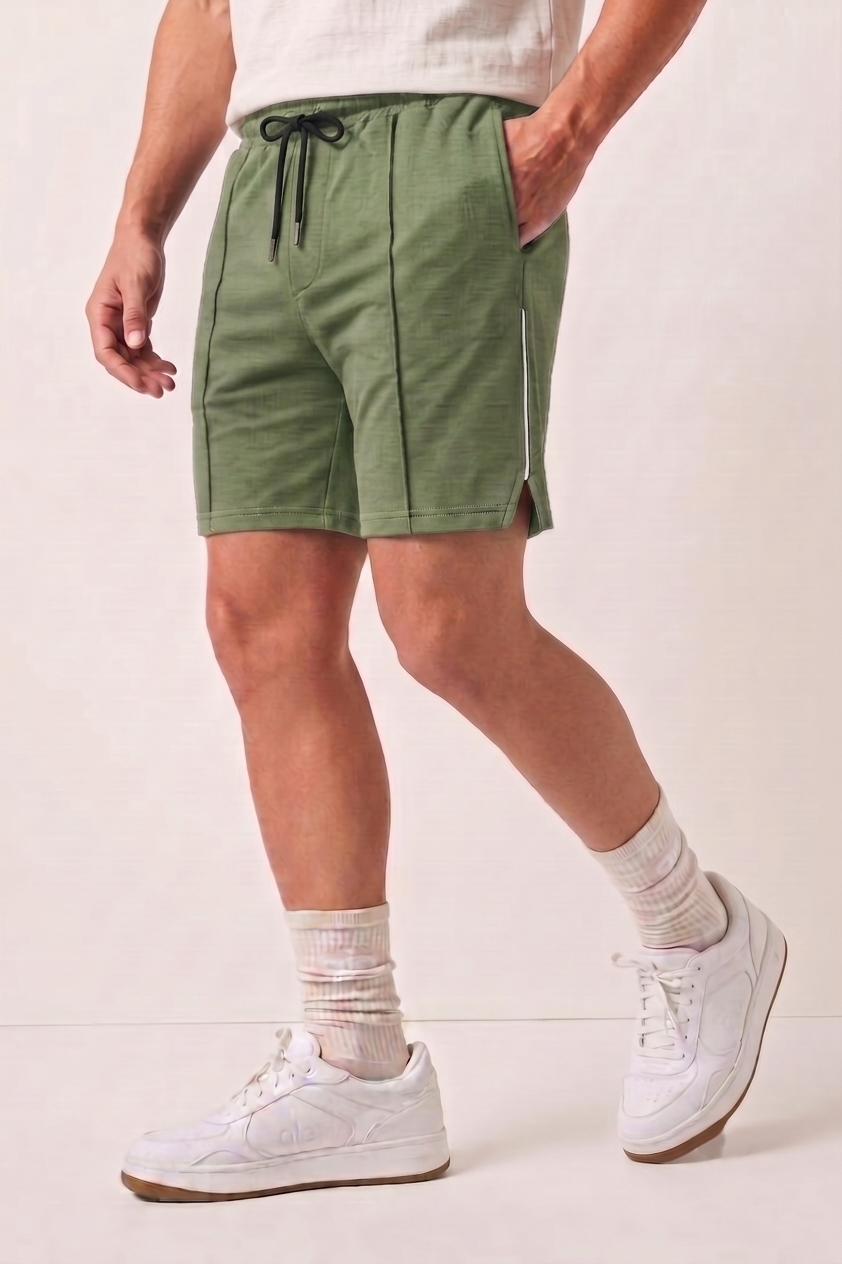 Olive Green Striped Athleisure Shorts X2