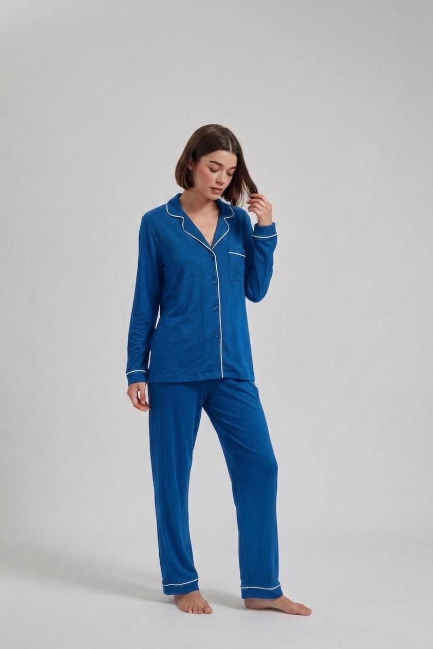 Royal Blue Loose Ribbed Sleepwear Set R1