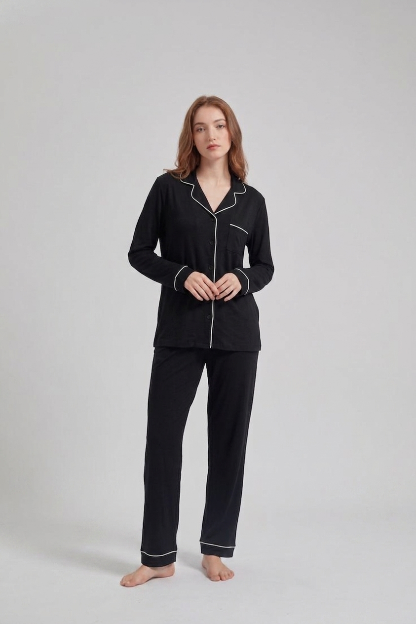 Classic Black Loose Ribbed Sleepwear Set R2