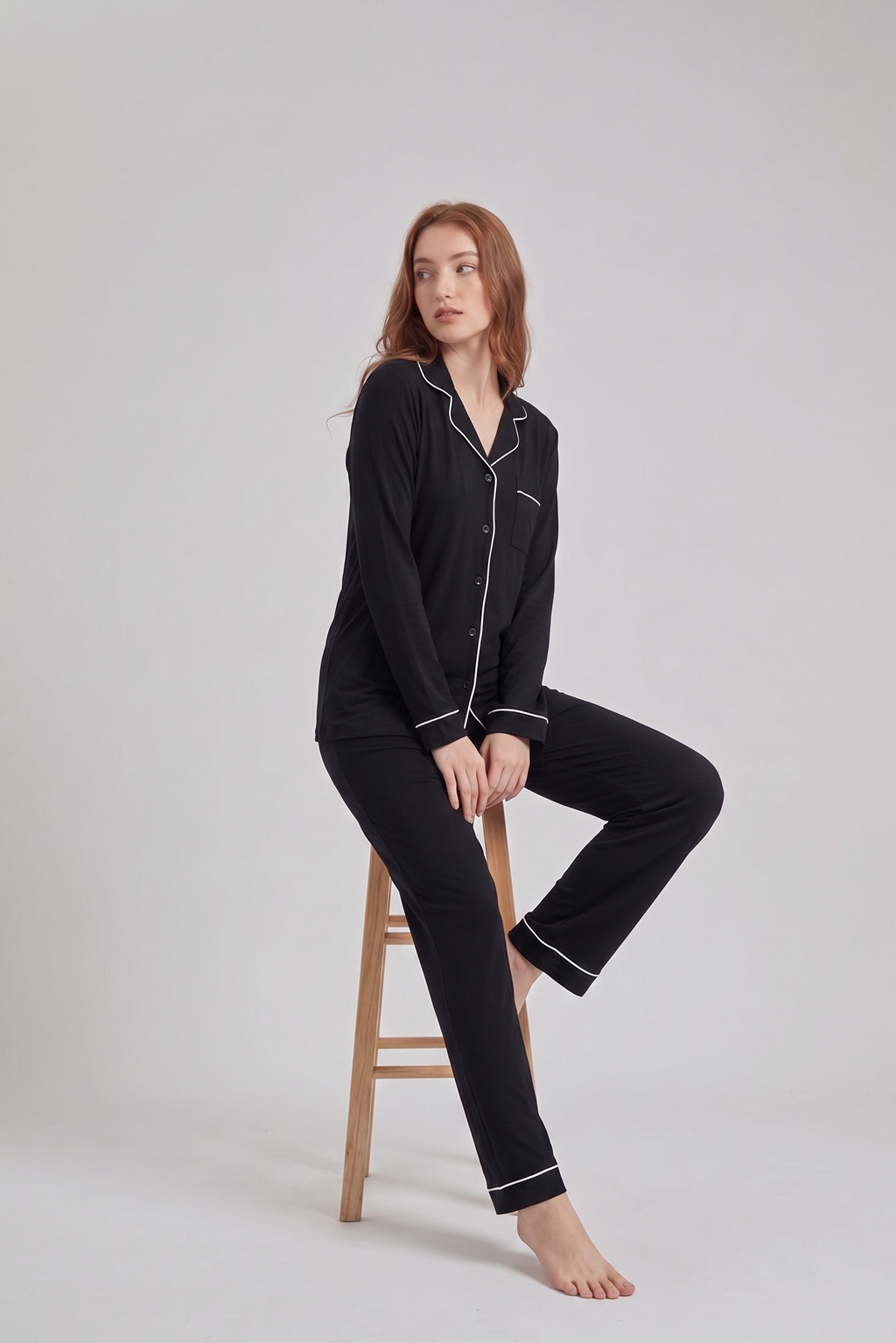 Classic Black Loose Ribbed Sleepwear Set R2