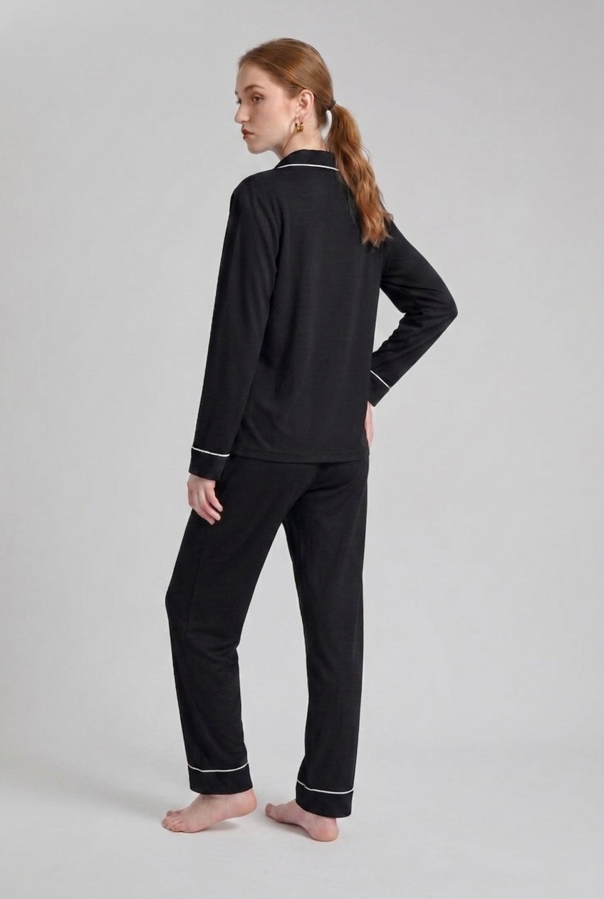 Classic Black Loose Ribbed Sleepwear Set R2