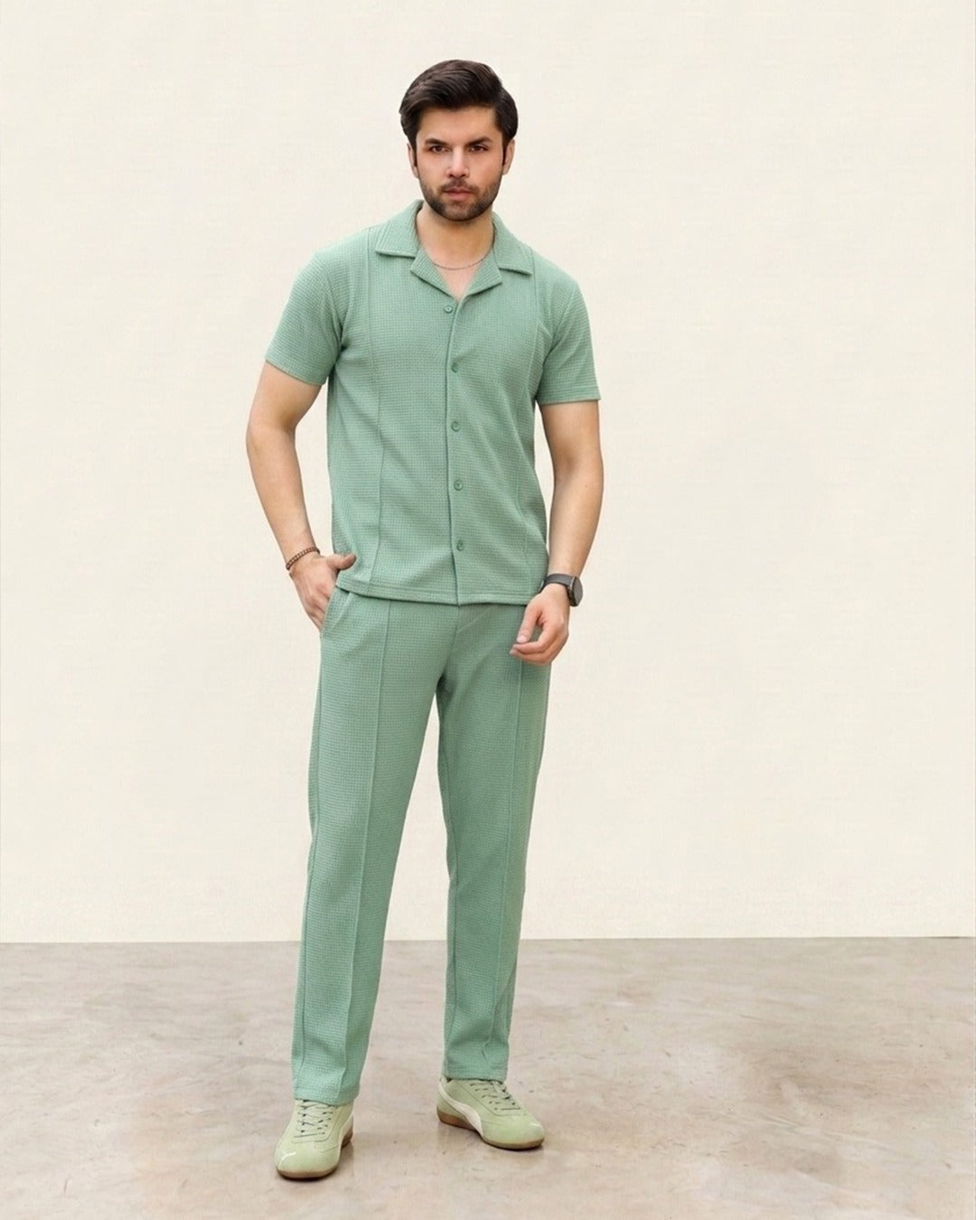Light Green Half-Sleeve Safari Suit for Men B9