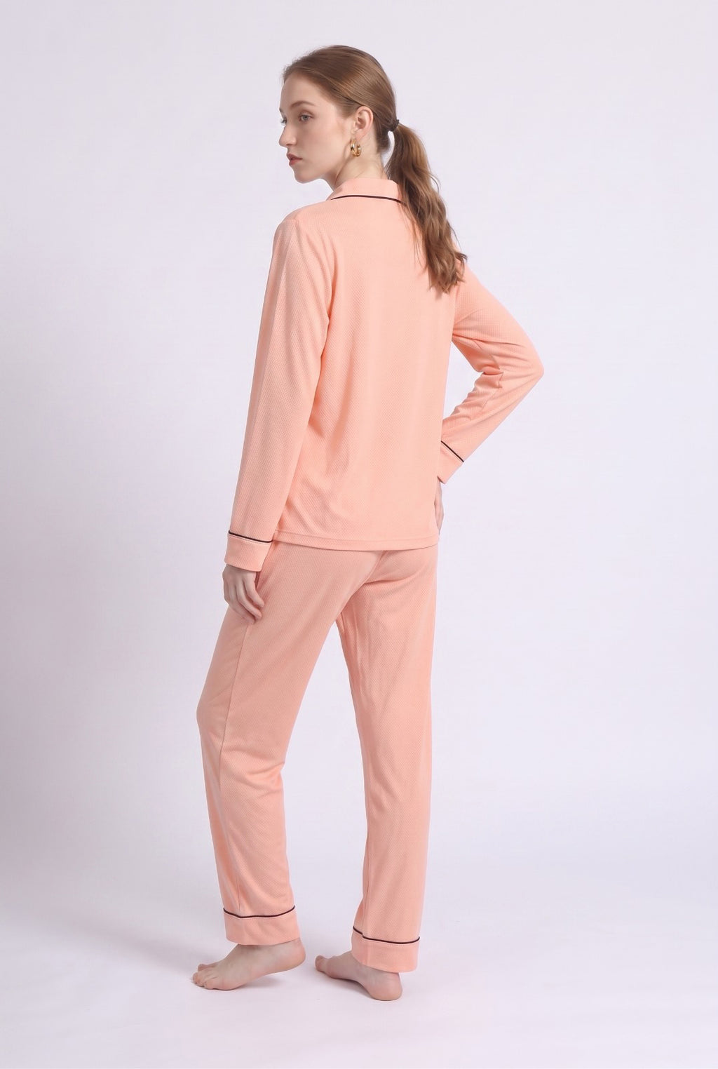 Peach Pink Loose Ribbed Sleepwear Set R4
