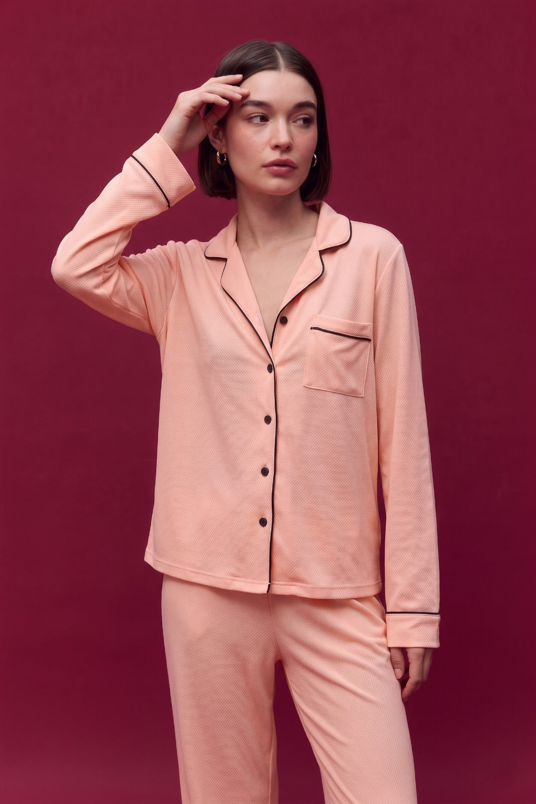Peach Pink Loose Ribbed Sleepwear Set R4