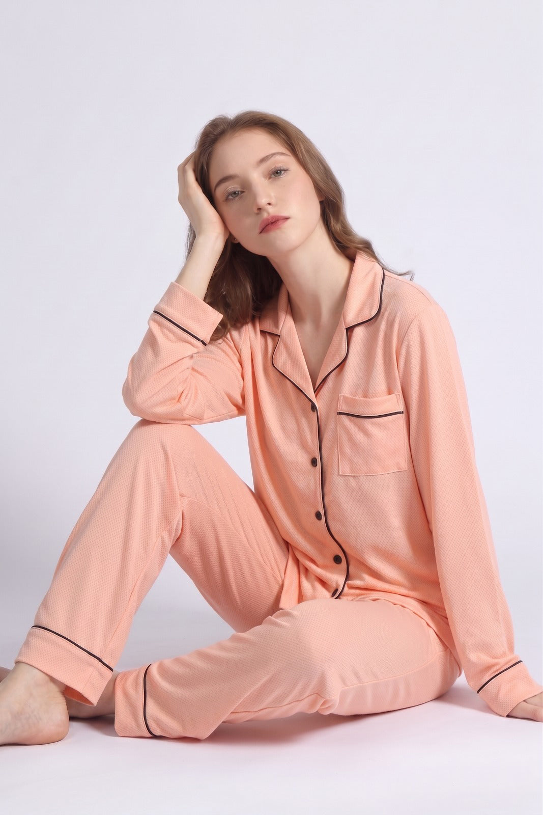 Peach Pink Loose Ribbed Sleepwear Set R4