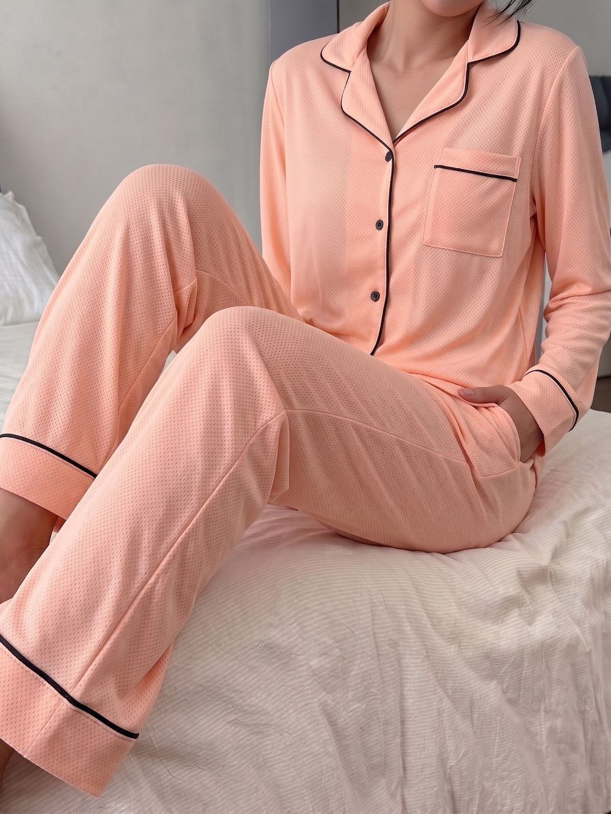 Peach Pink Loose Ribbed Sleepwear Set R4